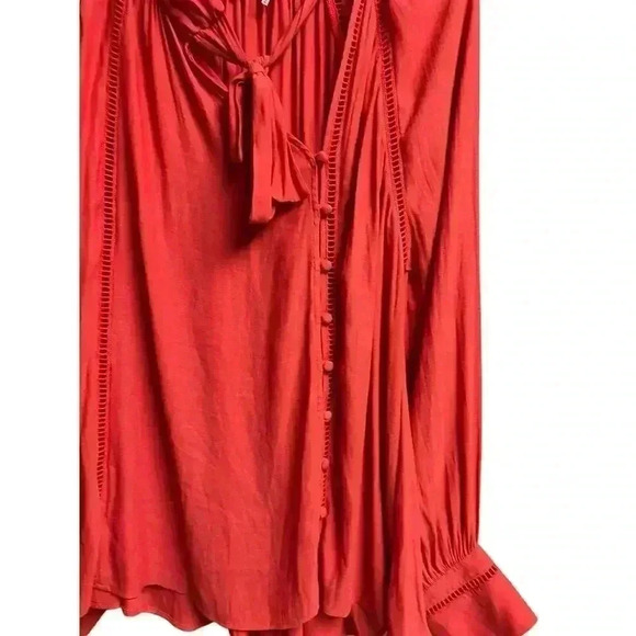 Free People Orange Tie Neck Long Sleeve Blouse Size Medium - Picture 2 of 10